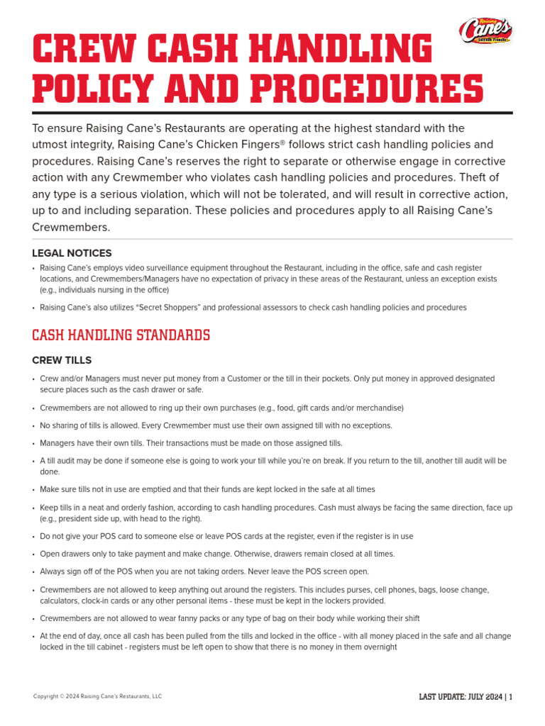 Raising Cane's Cash Handling Policy | PDF | Point Of Sale | Cash