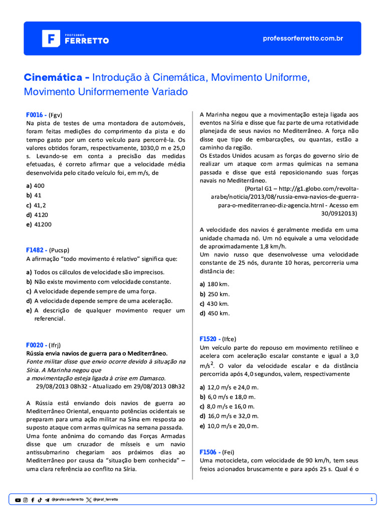 Cinemática: Movimento e Velocidade Média | PDF | Velocidade | Cinemática