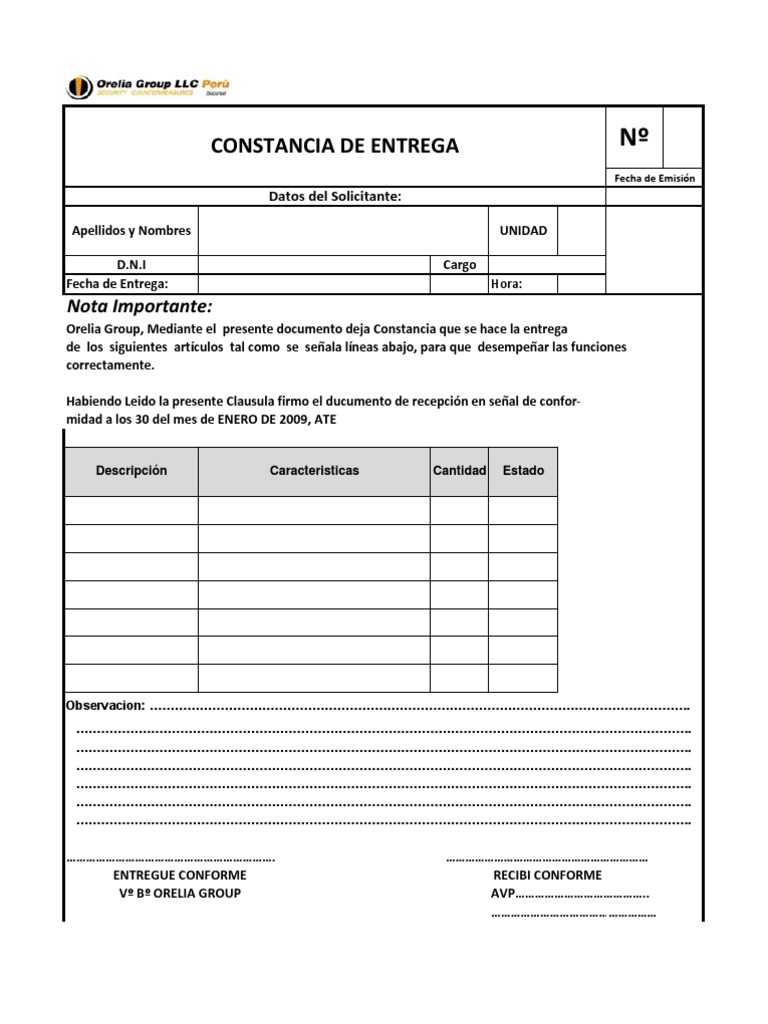 Formato - Recibo Entrega de Prendas