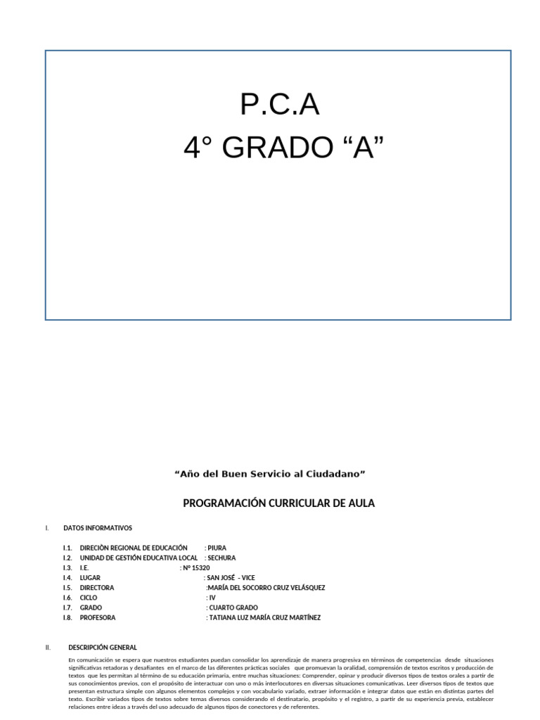 Programación Curricular 4° Grado Aula | PDF | Aprendizaje | Enseñando