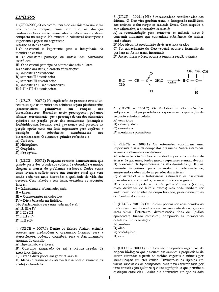 Questões e Exercícios sobre Lipídios | PDF | Lipídio | Colesterol