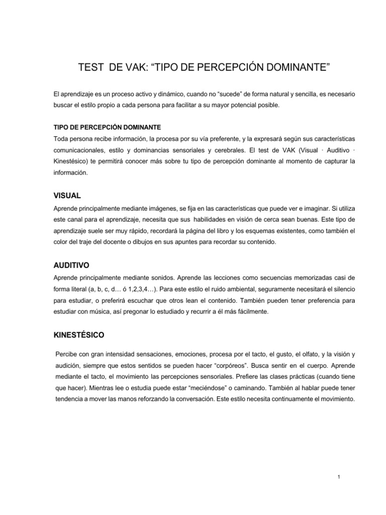 Test VAK: Descubre tu Estilo de Aprendizaje | PDF | Aprendizaje ...