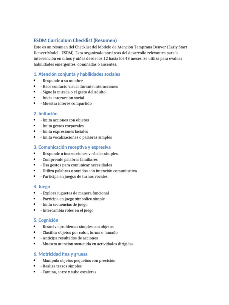 Checklist ESDM para Atención Temprana | PDF
