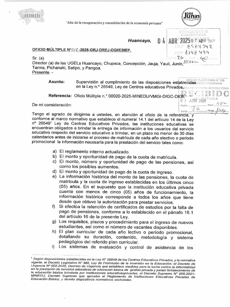 Oficio Multiple 012-2025-GRJ-DREJ-OGI | PDF