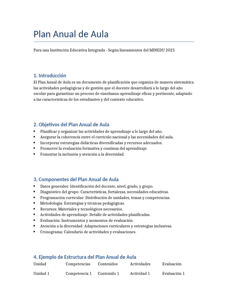 Plan Anual de Aula 2025 MINEDU | PDF