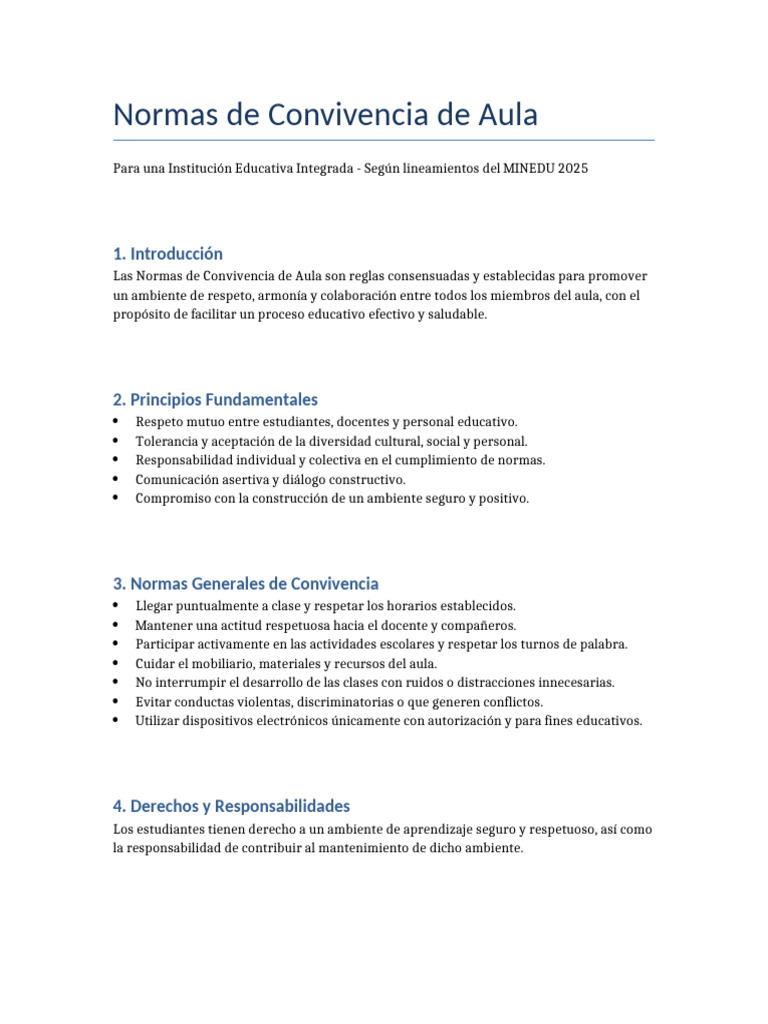 Normas de Convivencia de Aula IE Integrada MINEDU 2025 | PDF