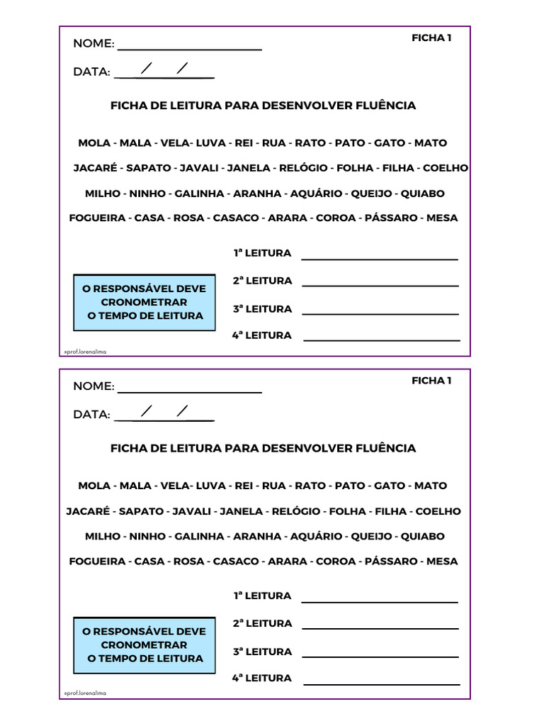 Fichas de Leitura para Fluência Infantil | PDF
