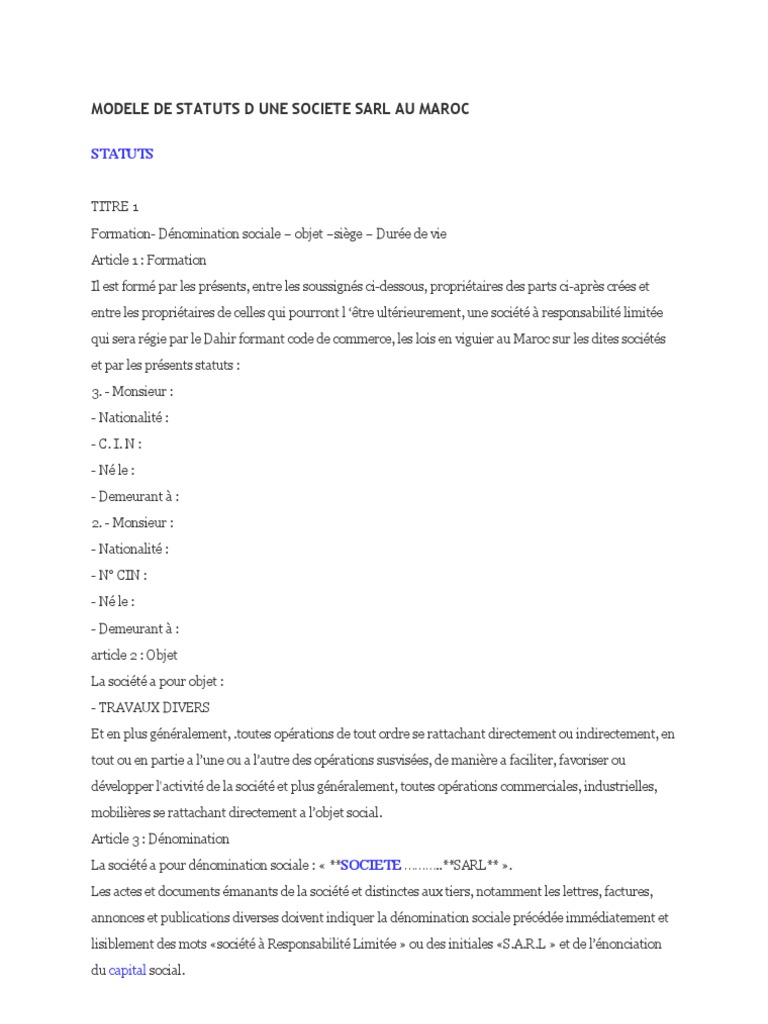 Modèle De Statuts D une Entreprise Individuelle Pdf Modele de Statuts D Une Societe Sarl Au Maroc-2 | PDF | Liquidation |  Dividende