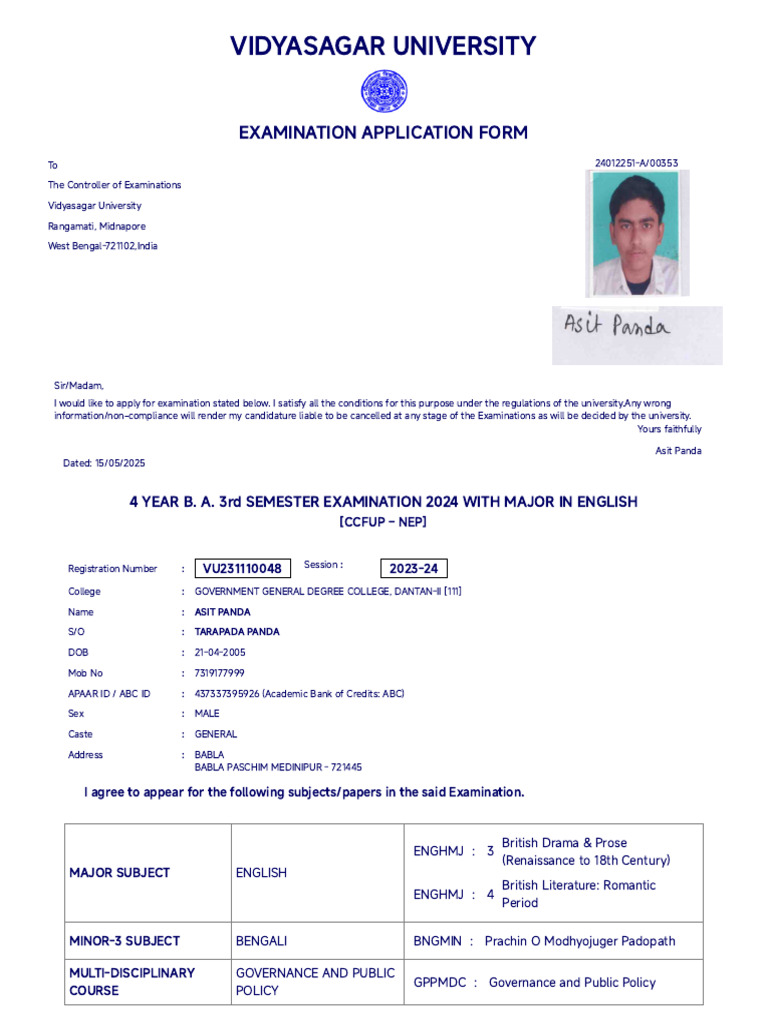 VU 4th Semester Exam Application Form | PDF