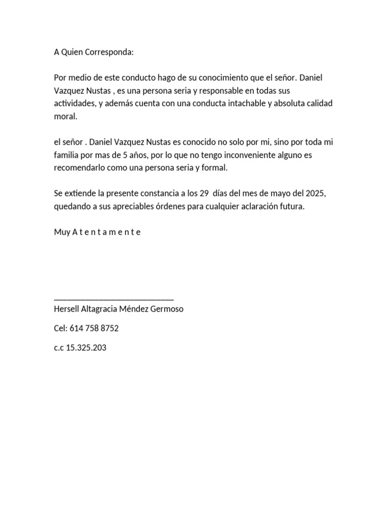 Carta de Recomendacion Personal | PDF