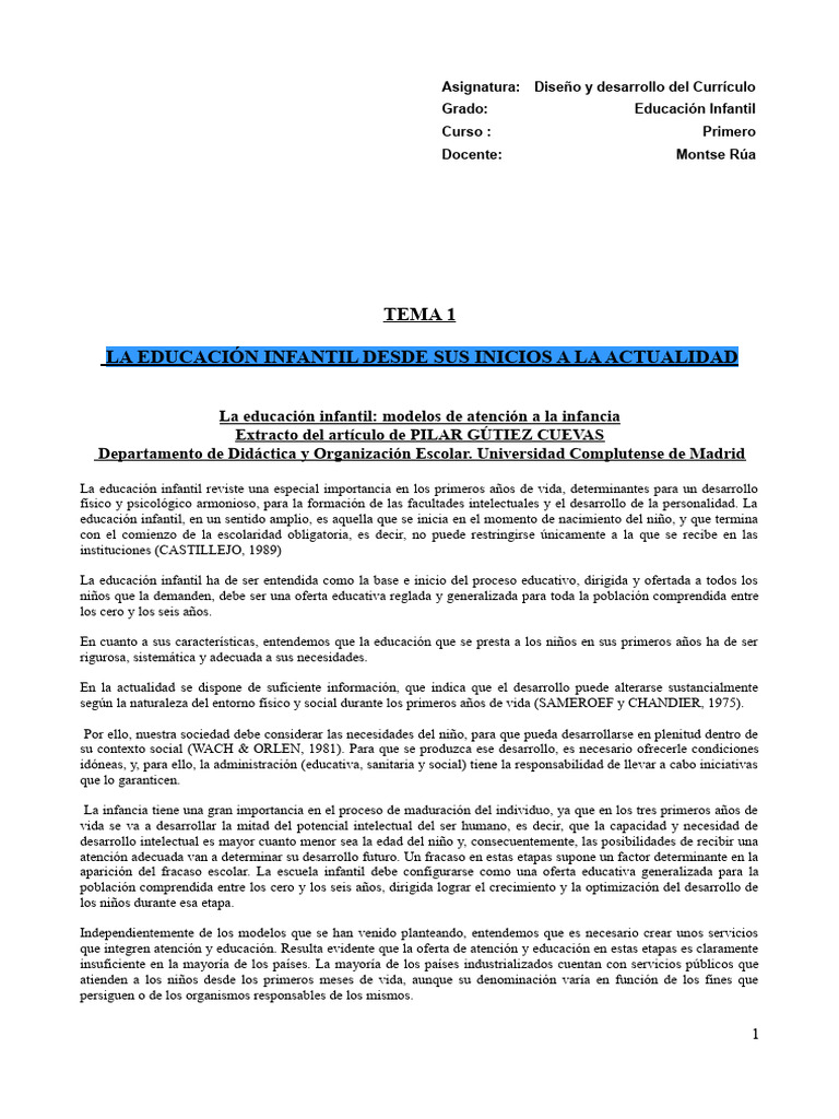 TEMA 1 - La Educación Infantil en La Actualidad | PDF | Educación de la ...