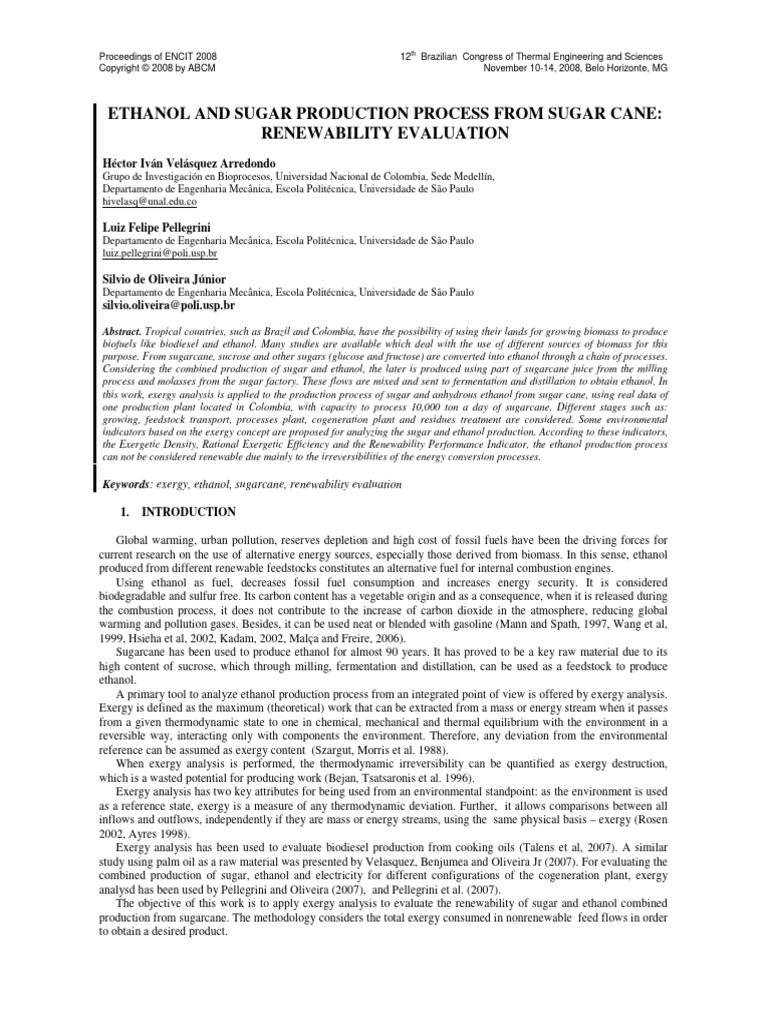 Exergy Analysis of Ethanol from Sugarcane | PDF | Sugarcane | Exergy