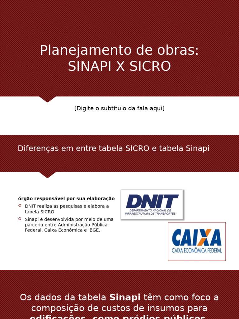 Diferenças entre Tabelas SICRO e Sinapi | PDF