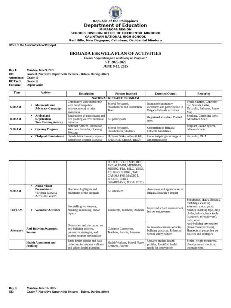 Brigada Eskwela 2025 Activity Plan | PDF