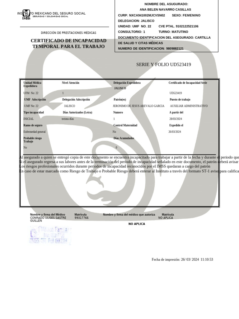 Certificado de Incapacidad Temporal IMSS | PDF | Cuidado de la salud