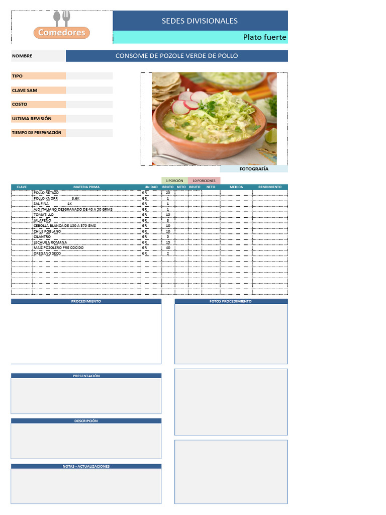 CONSOME POZOLE VERDE DE POLLO - XLSX - RECETA | PDF