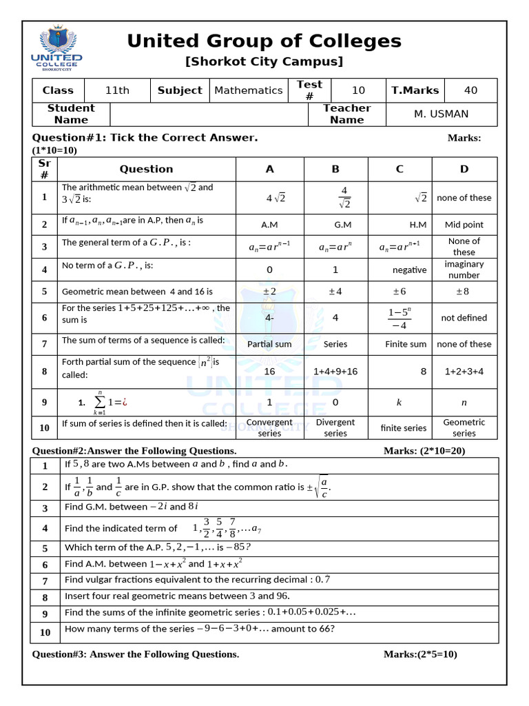 11th Math Test No 10 CHP 6 | PDF | Series (Mathematics) | Elementary ...