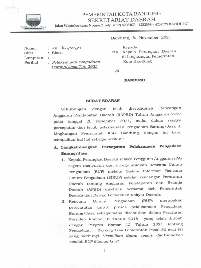 Surat Edaran Percepatan Pengadaan Barang Jasa | PDF