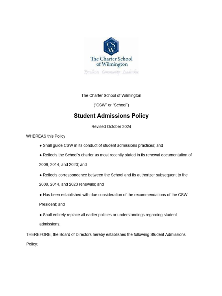 CSW Student Admissions Policy 2024 | PDF | Justice | Crime & Violence