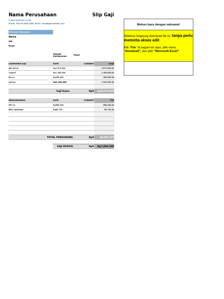 Contoh Slip Gaji Perusahaan | PDF | Worksheet | Paycheck