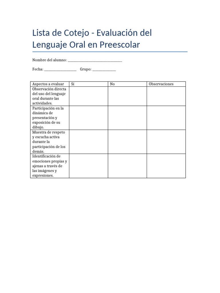 Cotejo para Evaluar Lenguaje Oral en Preescolar | PDF