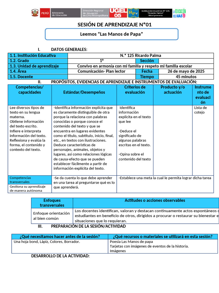 Sesión de Aprendizaje: Plan Lector 1° | PDF | Evaluación | Aprendizaje