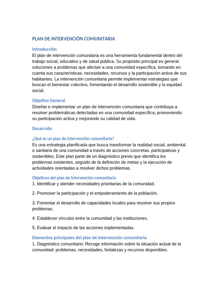 Plan de Intervención Comunitaria Efectivo | PDF | Comunidad | Trabajo ...