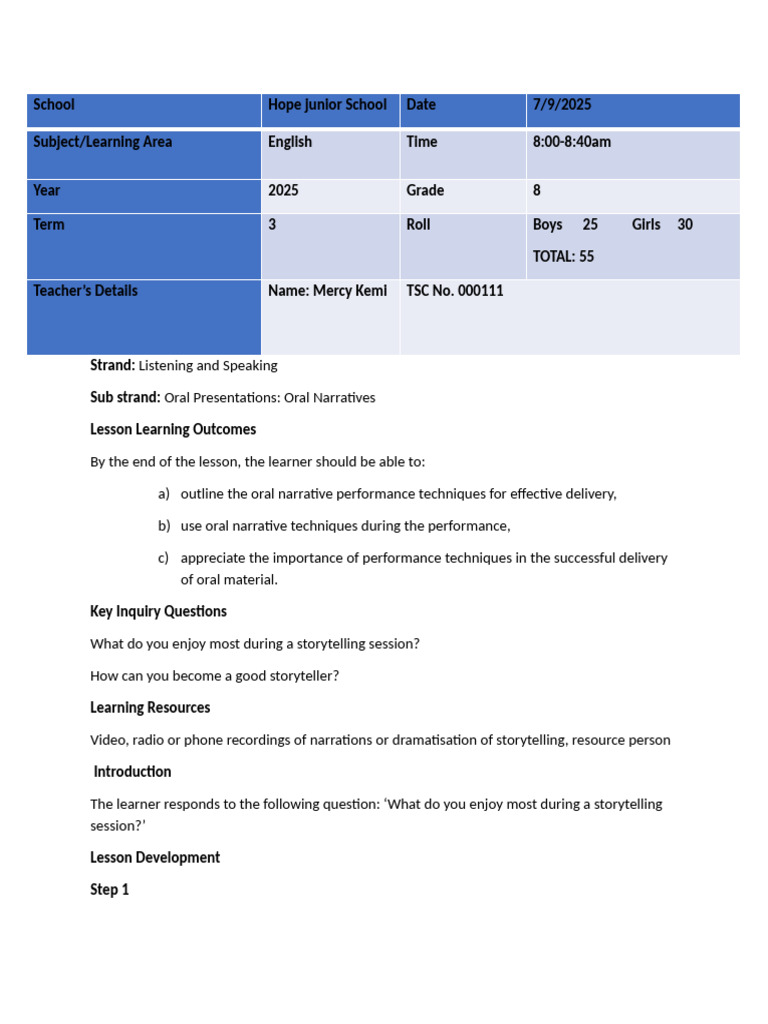 Grade 8 Oral Narrative Lesson Plan | PDF | Storytelling | Learning