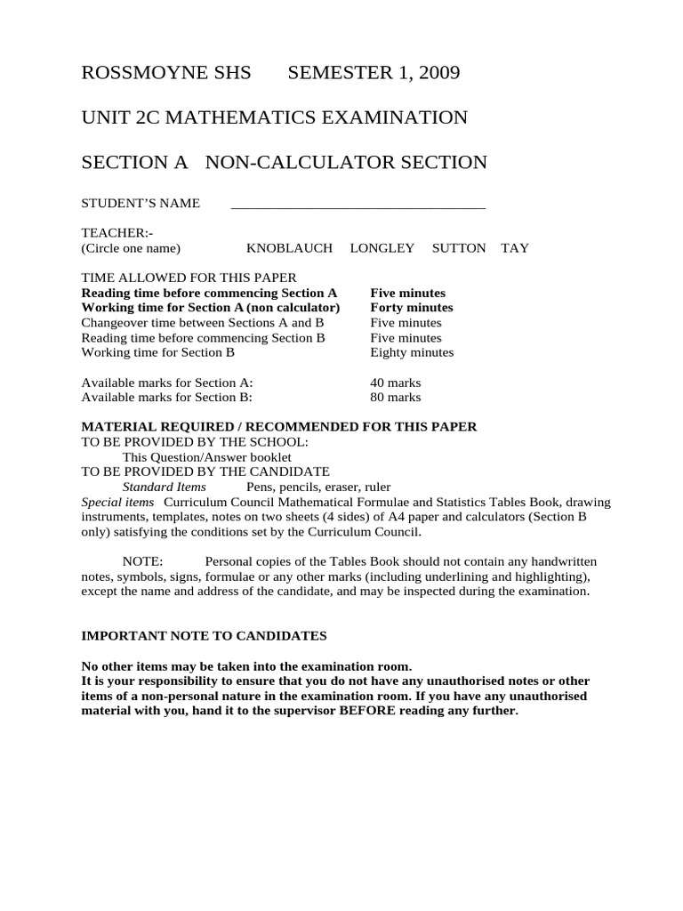 2009 Rossmoyne SHS Math Exam Paper | PDF | Cartesian Coordinate System ...