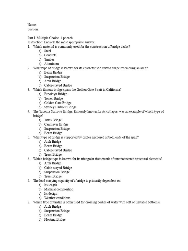 Bridge Construction Quiz Questions | PDF | Bridge | Truss