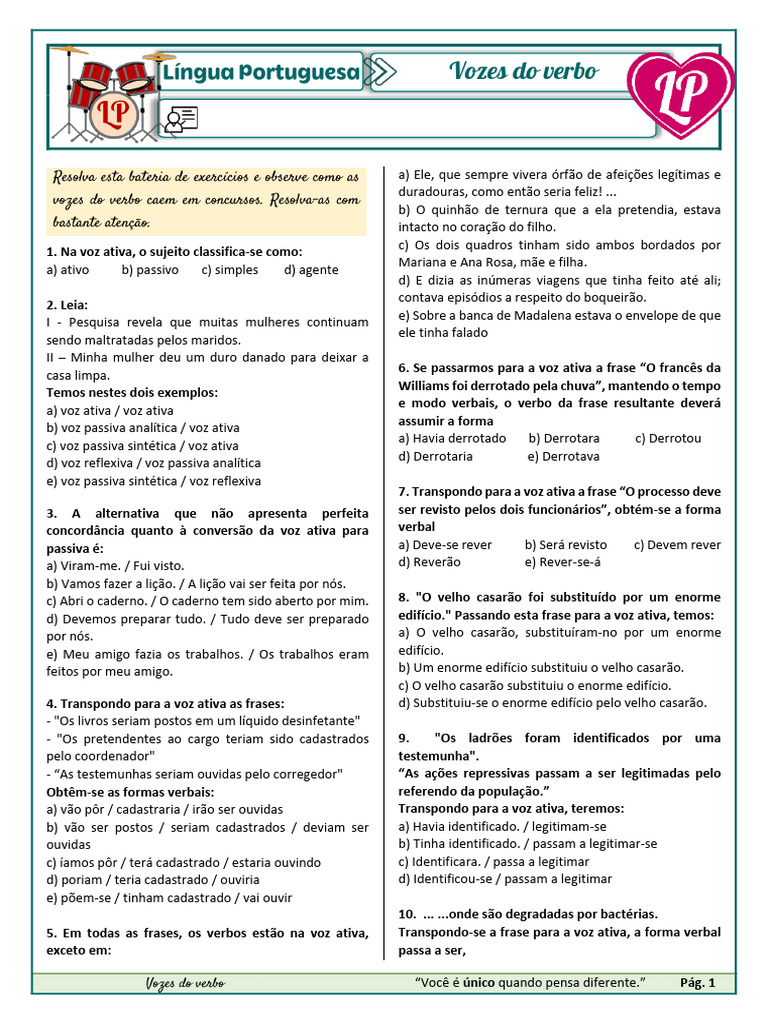 Exercícios sobre Vozes do Verbo | PDF | Assunto (gramática) | Sintaxe