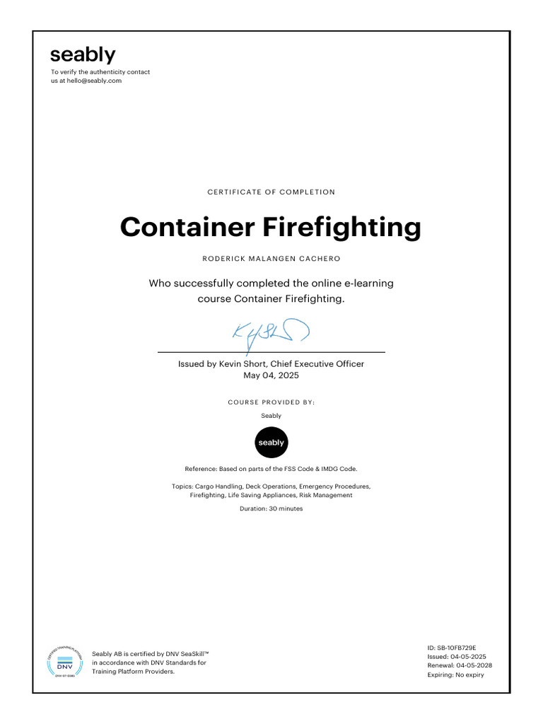Container Firefighting Course Completion Certificate | PDF