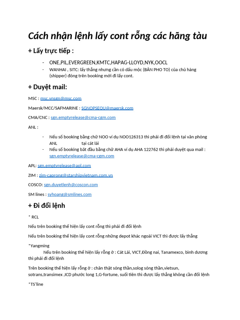 Cách nhận lệnh lấy cont rỗng các hãng tàu | PDF