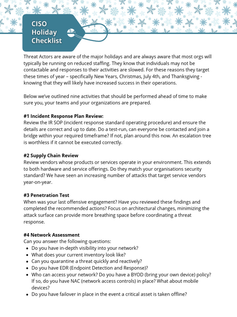 CISO Holiday Checklist | PDF | Computer Security | Security