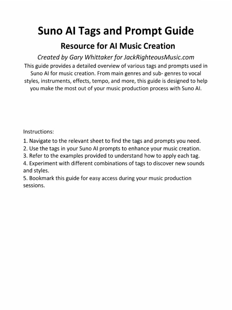Suno AI Tags and Prompt Guide For Music Creation - V2 | PDF
