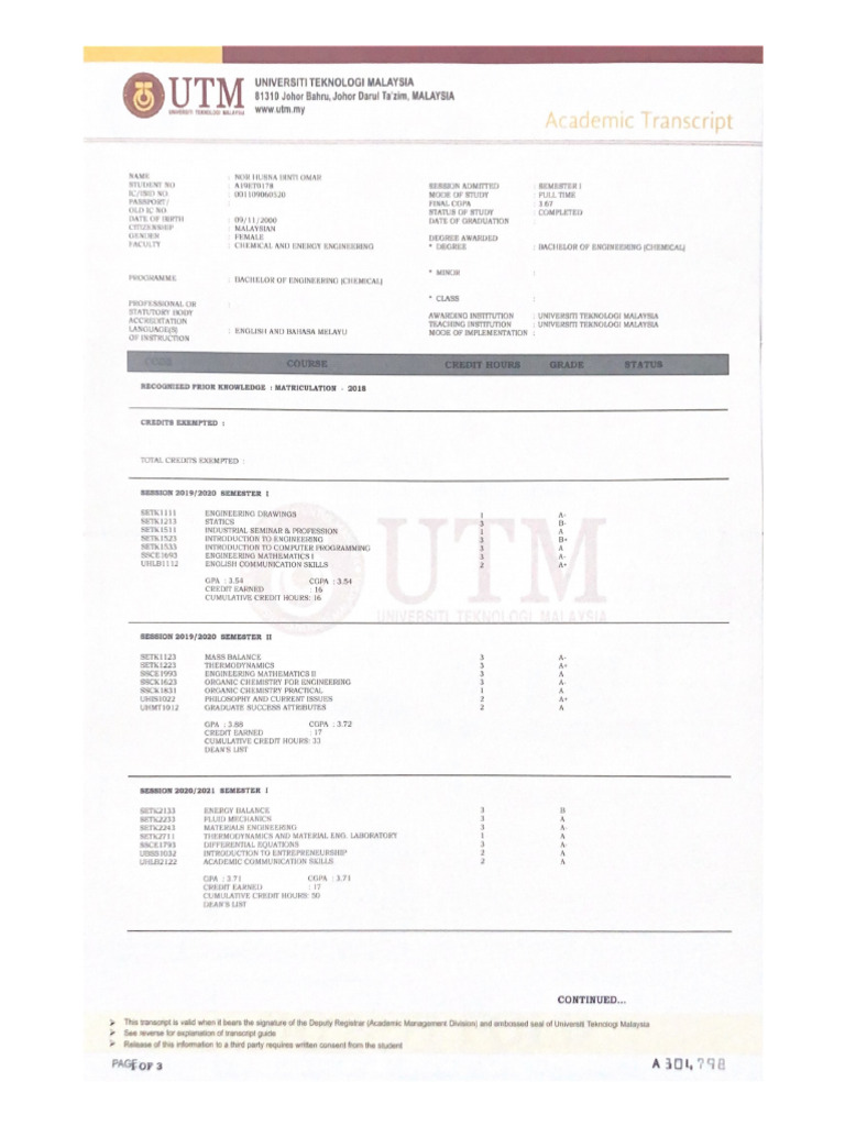 Nor Husna Omar - Academic Transcript | PDF
