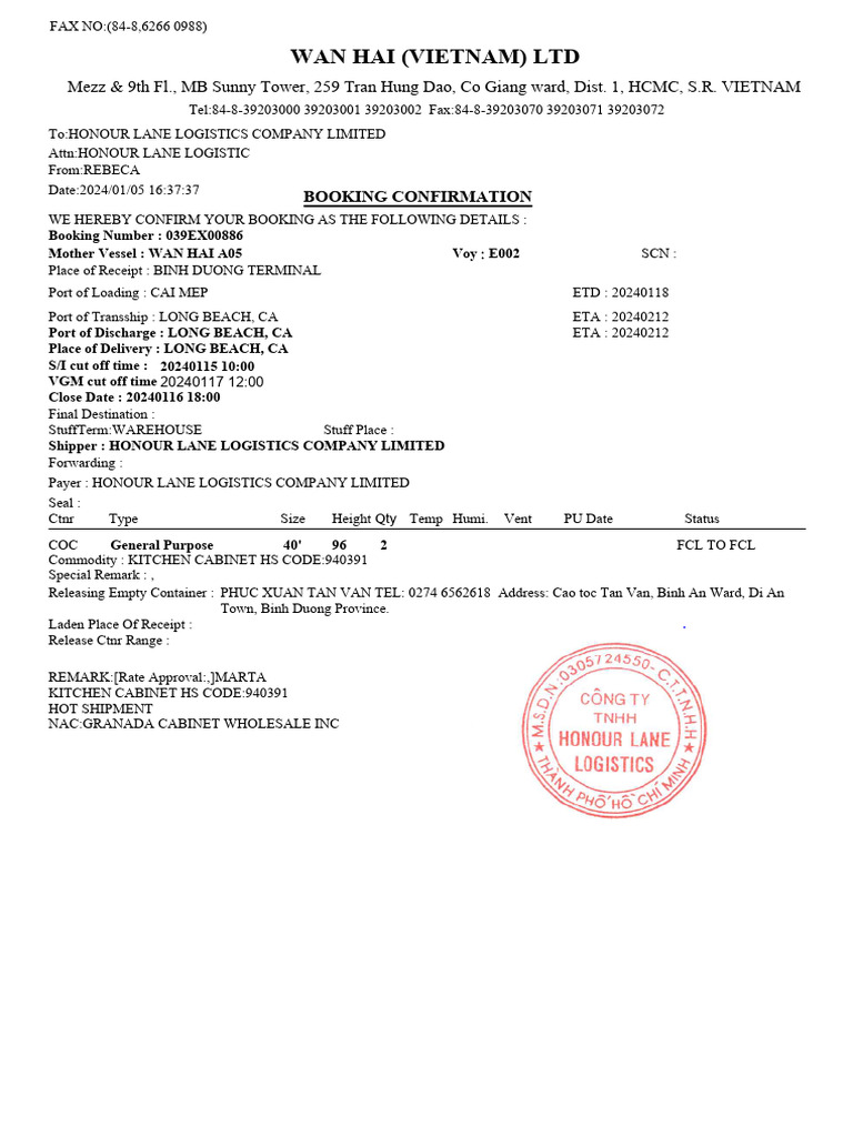 Wan Hai Reefer Container Booking Details | PDF | Cargo | Logistics
