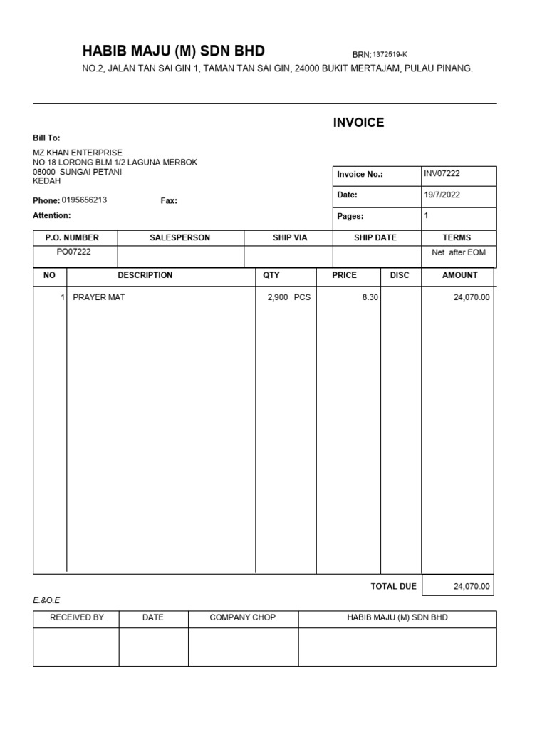 MZ Khan Invoice Sejadah Inv07222 | PDF
