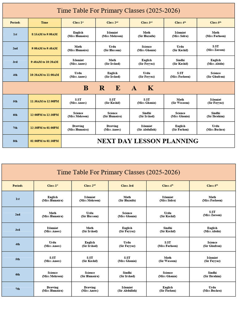 Primary School Time Table 2025-26 | PDF