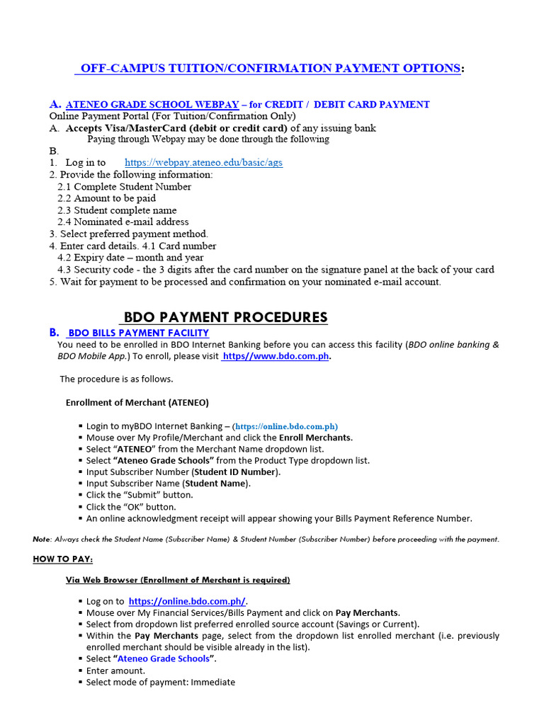 Ateneo Tuition Payment Options Guide | PDF | Cheque | Debit Card