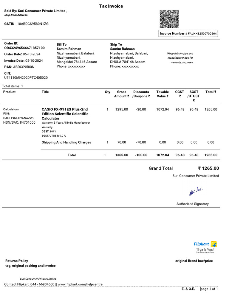 Invoice for CASIO FX-991ES Calculator | PDF | Economies | Taxes