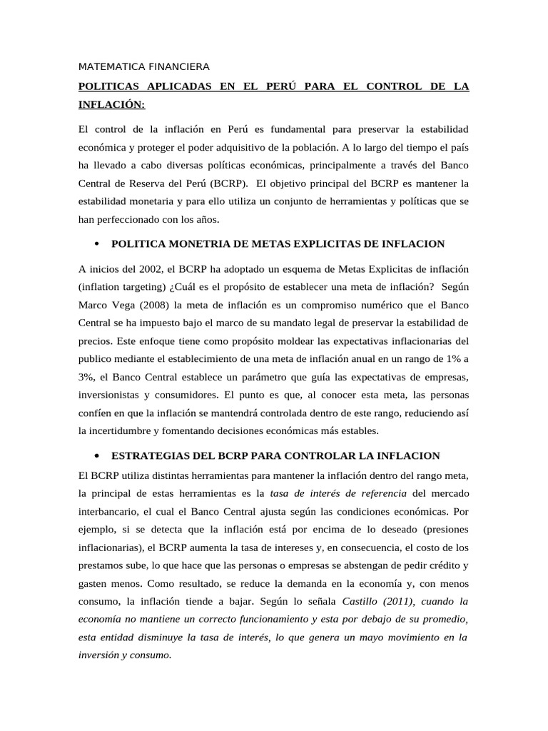 Control de Inflación en Perú: Estrategias BCRP | PDF | Inflación | La ...