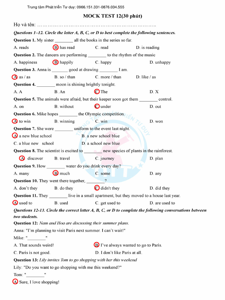 Mock Test 12 - Key | PDF