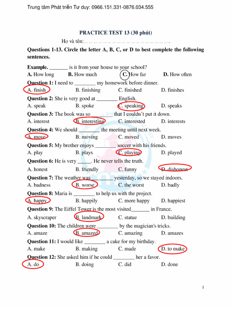 Practice Test 13 - Key | PDF