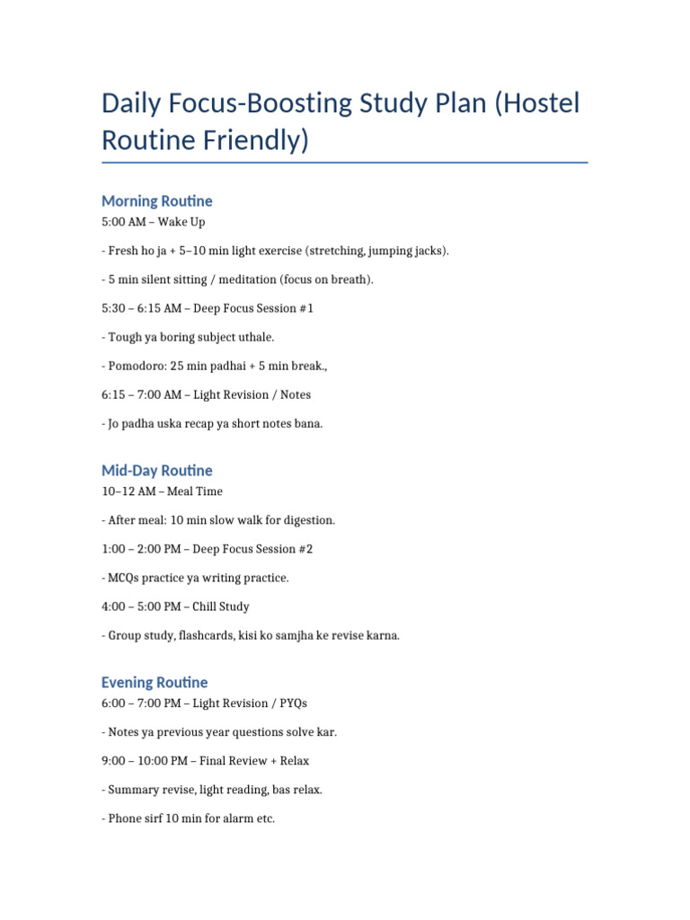 Hostel Study Routine for Success | PDF
