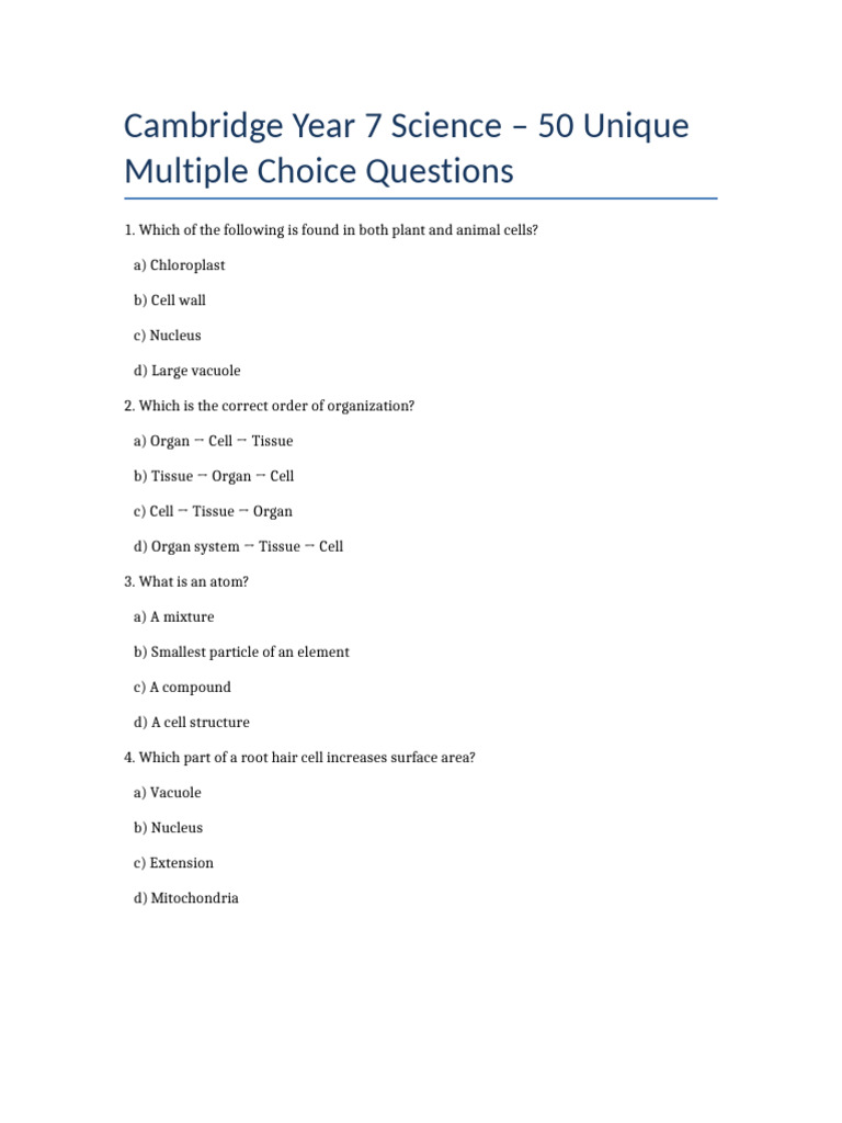 Year 7 Science MCQs: Cells and Matter | PDF | Cell (Biology) | Atoms