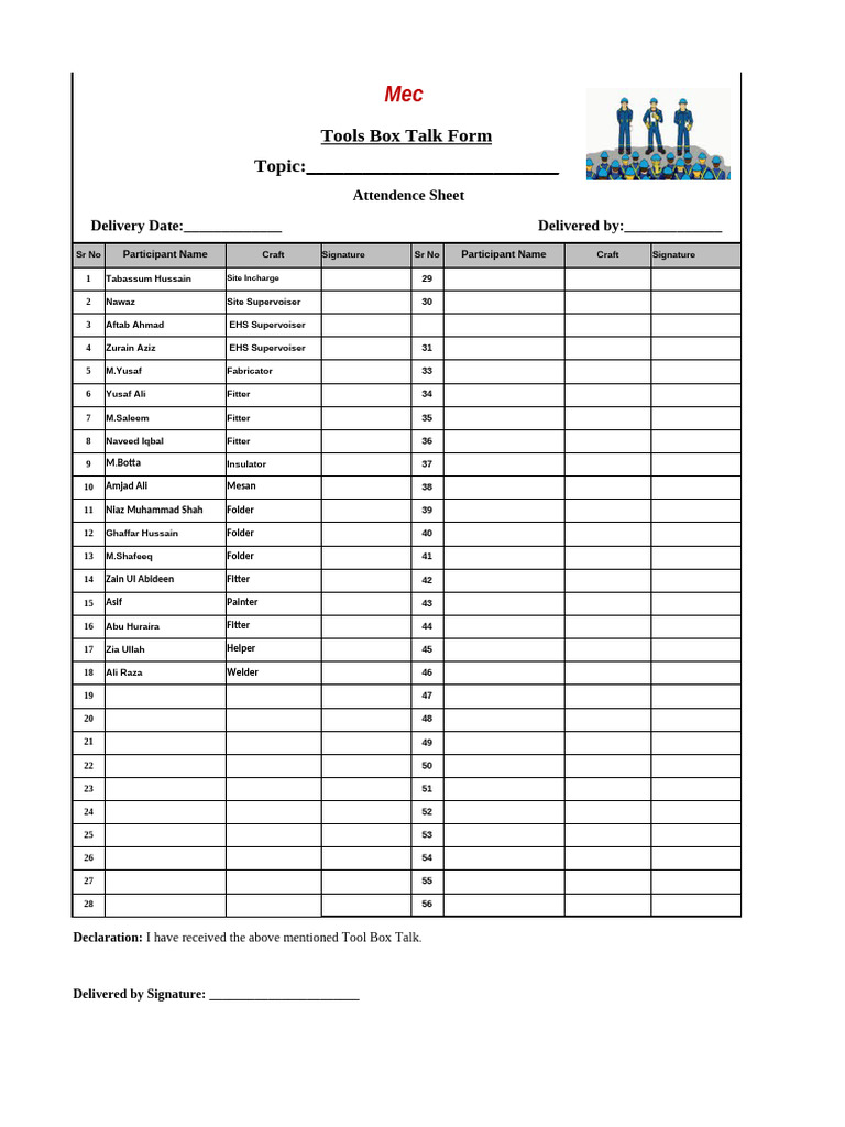 Tool Box Talk Attendance Sheet | PDF
