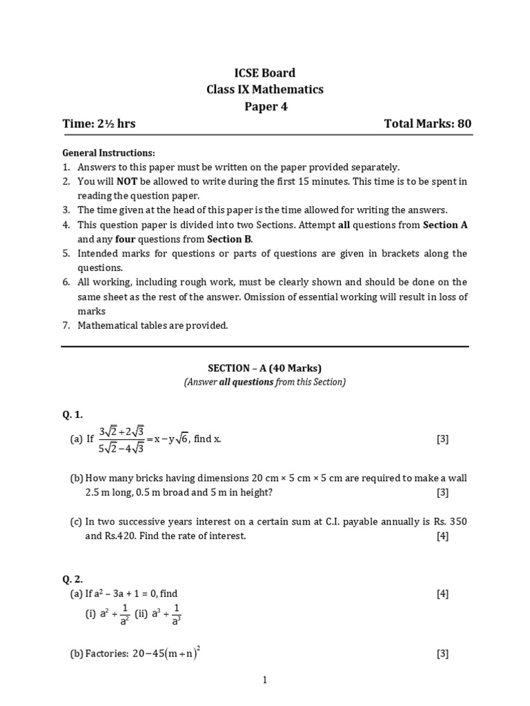ICSE Class 9 Maths Sample Paper | PDF | Geometric Shapes | Euclidean ...