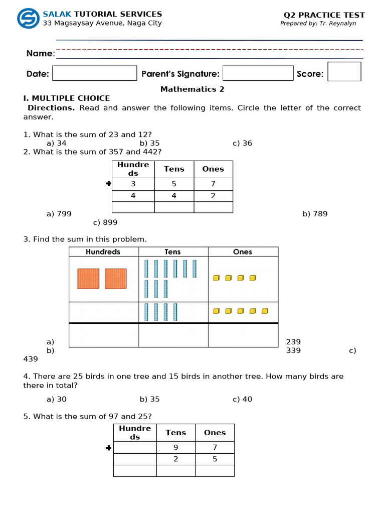 ADNU GS Practice Test in Math 2 | PDF | Subtraction | Mathematics