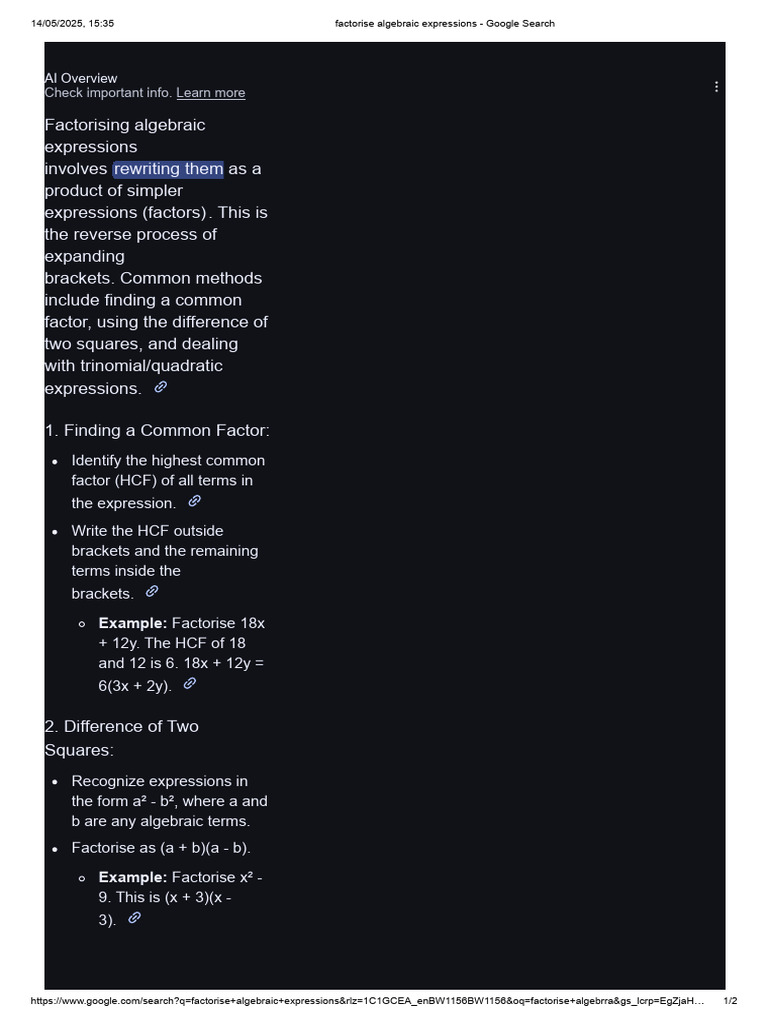 Factorising Algebraic Expressions Guide | PDF | Factorization | Mathematics